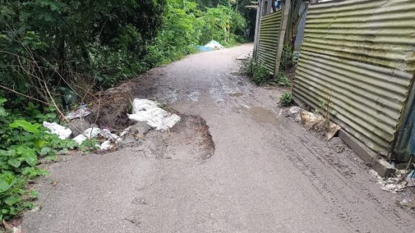 বৃষ্টিতে বেহাল সরদারকান্দি-ছোটহলদিয়া সড়ক, ঝুঁকিতে পথচারীরা