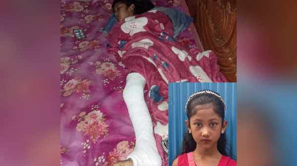 সড়ক দুর্ঘটনায় থমকে গেছে চতুর্থ শ্রেণির শিক্ষার্থী মেঘলার স্বপ্ন